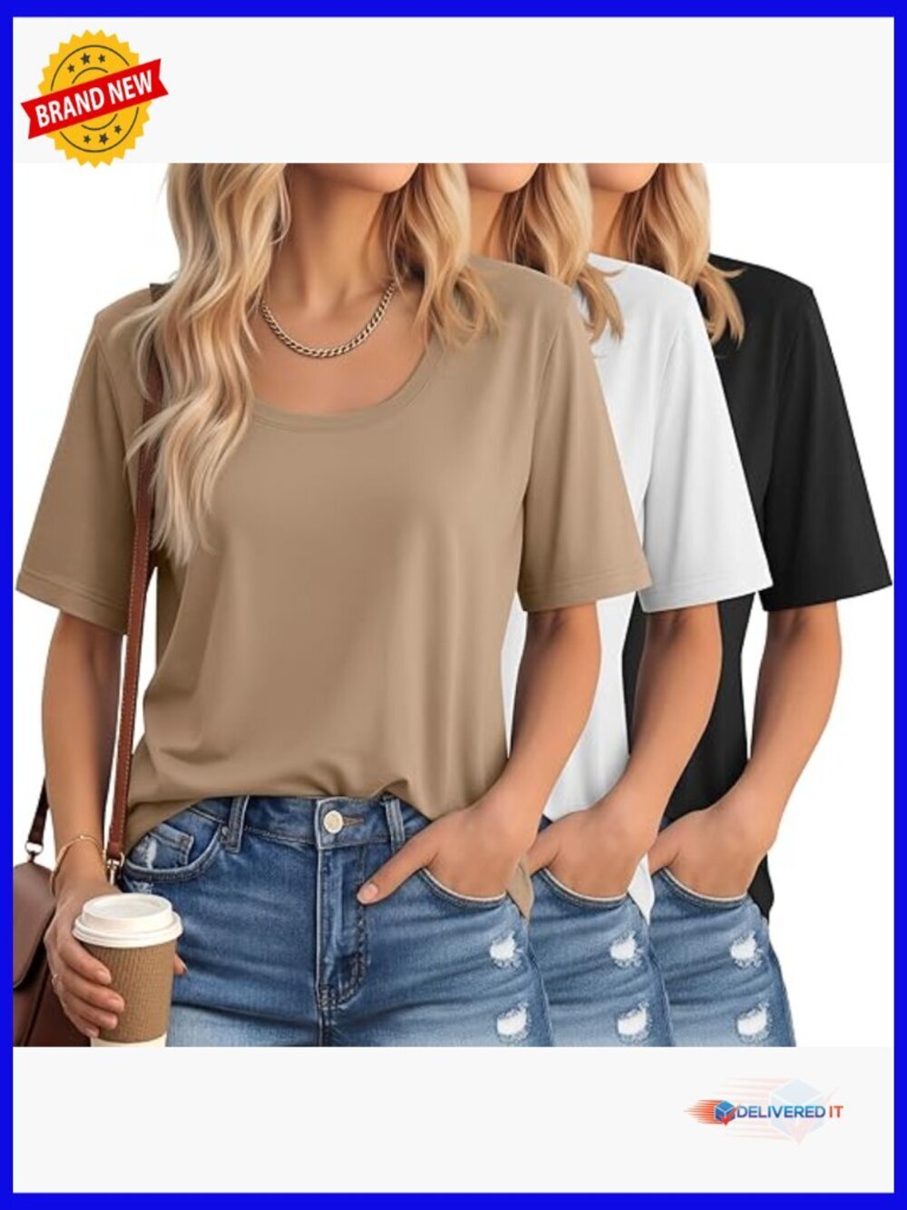 Scoop Neck Half Sleeve T-Shirt Women Casual Summer Loose Fit Tee Pack of 3